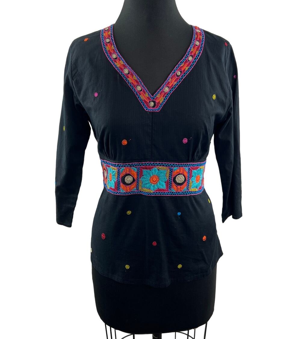 ANOKHI 3/4 Sleeve Woven Blouse Top Floral Polka Dot Cotton Black V-Neck Size L